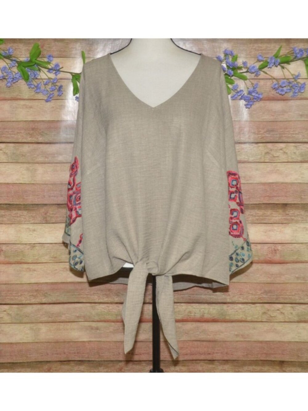 Olivia & Martin Womens Size 2X Blouse Embroidered Boho Tie Hem Neutral Brown